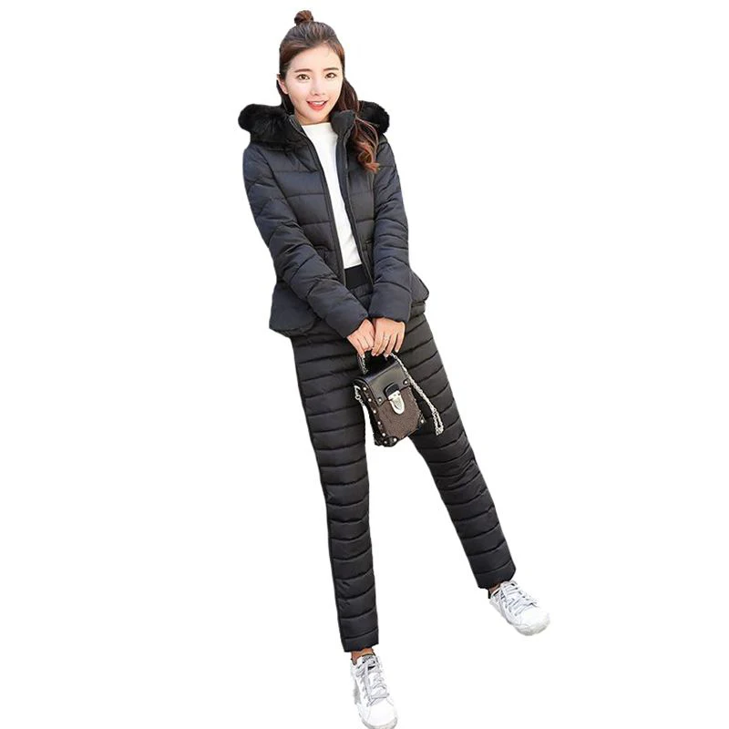 

Winter Women Warm 2 Piece Sets Jacket Suits Female Faux Fur Hooded Big Pockets Cotton Padded Coat Parka Long Pants Outerwear E34