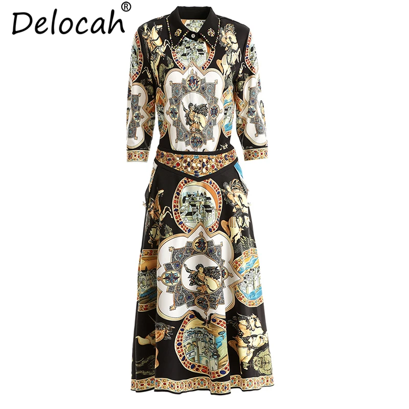

Delocah Women Spring Summer Vintage Suits Runway Fashion Three Quarter Beading Shirt+Elegant Character Printed Skirt 2Pieces Set