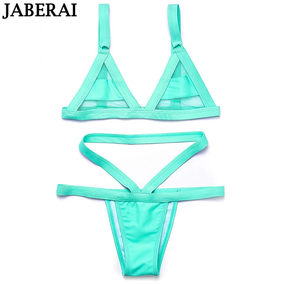 Jaberai Sexy Mesh Bikini Set Swimwear Women Hollow Out Swimsuit Mini String Bathing Suit Thong