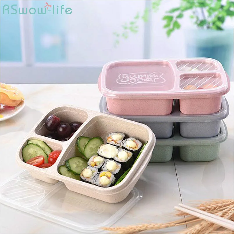 

Wheat Straw Three-Compartment Lunch Box Food Transparent Cover Office Travel Portable Tableware Lunchbox Bento Box Eco-Friendly