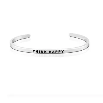 

15Pcs Silver Stainless Steel ID Bangle "THINK HAPPY" Engraved Inspirational Cuff Mantra Bracelet for Men Women Fashion Jewelry