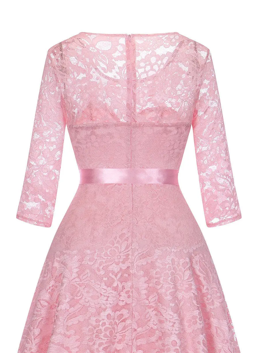 Gladiolus Hot 2018 Autumn Dress Women 34 Sleeve Sexy Lace Hollow Belt Tunic Midi Vintage Dress Evening Cocktail Party Dresses (19)