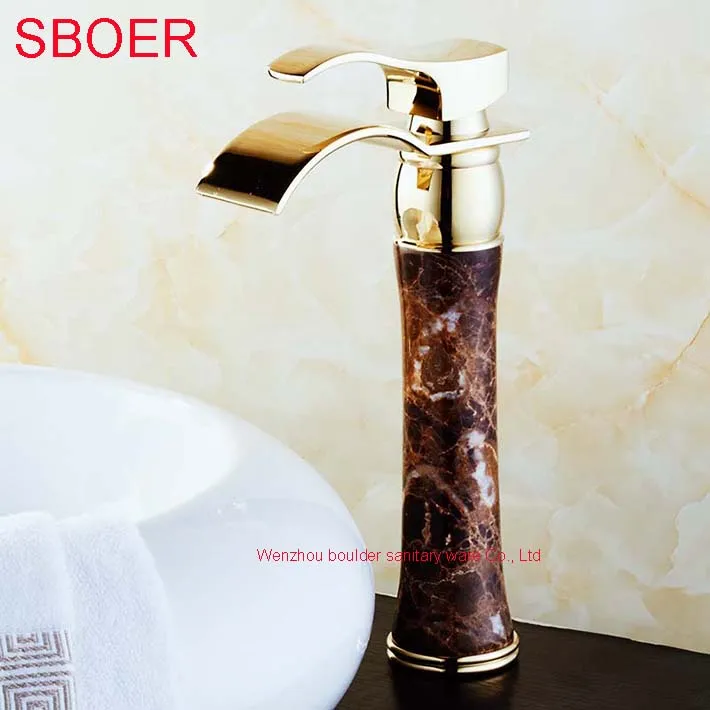 

Hot Waterfall Black Jade Marble Stone Gold Solid Brass Copper Bathroom Basin Lavatory Vanity Sink Vessel Mixer Tap Faucet