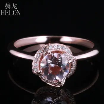 

HELON Solid 14k (585) Rose Gold Flawless 6.5mm Round Genuine Morganite Pave Diamonds Engagement Flower Women Trendy Jewelry Ring