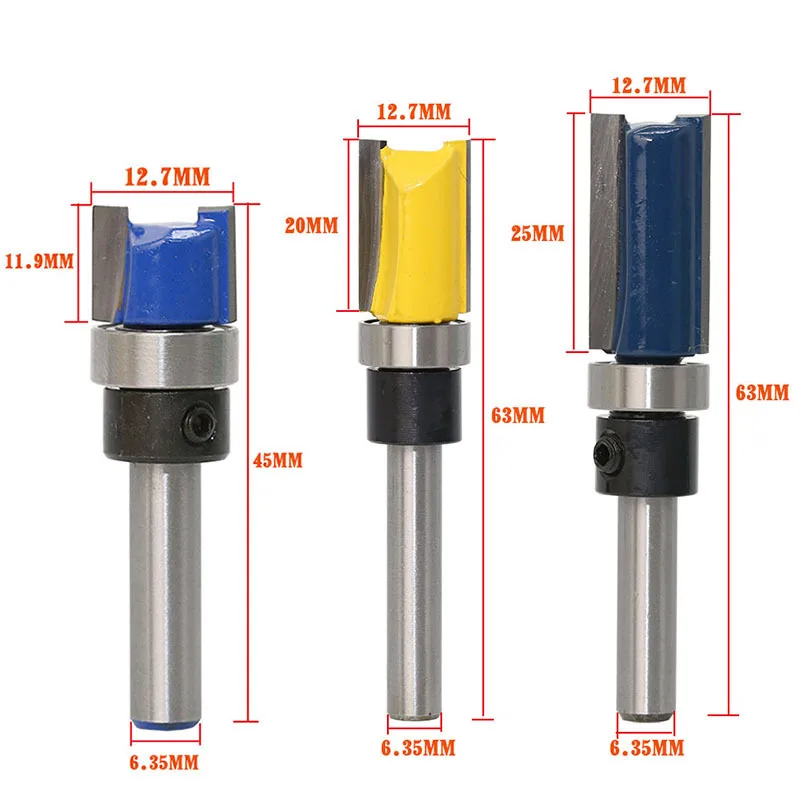 3pcs 1//4 Inch Shank Bearing Flush Trim Pattern Router Bit Set Milling Cutter 3pc