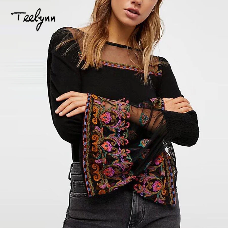 TEELYNN Boho трикотажная рубашка 2018 сексуальная прозрачная сетчатая Цветочная