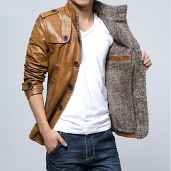 Зимние мужские Куртки из искусственной кожи Модные однобортные утепленные флисовые теплые пальто из искусственной кожи осенние мужские