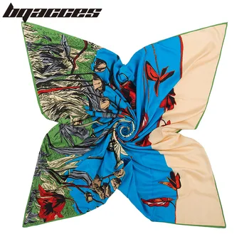 

[BQACCES] 130*130 Twill Silk Square Scarf Women Headband Pond Floral Print Hijab Shawl Female Scarf Large Bandana Luxury Brand