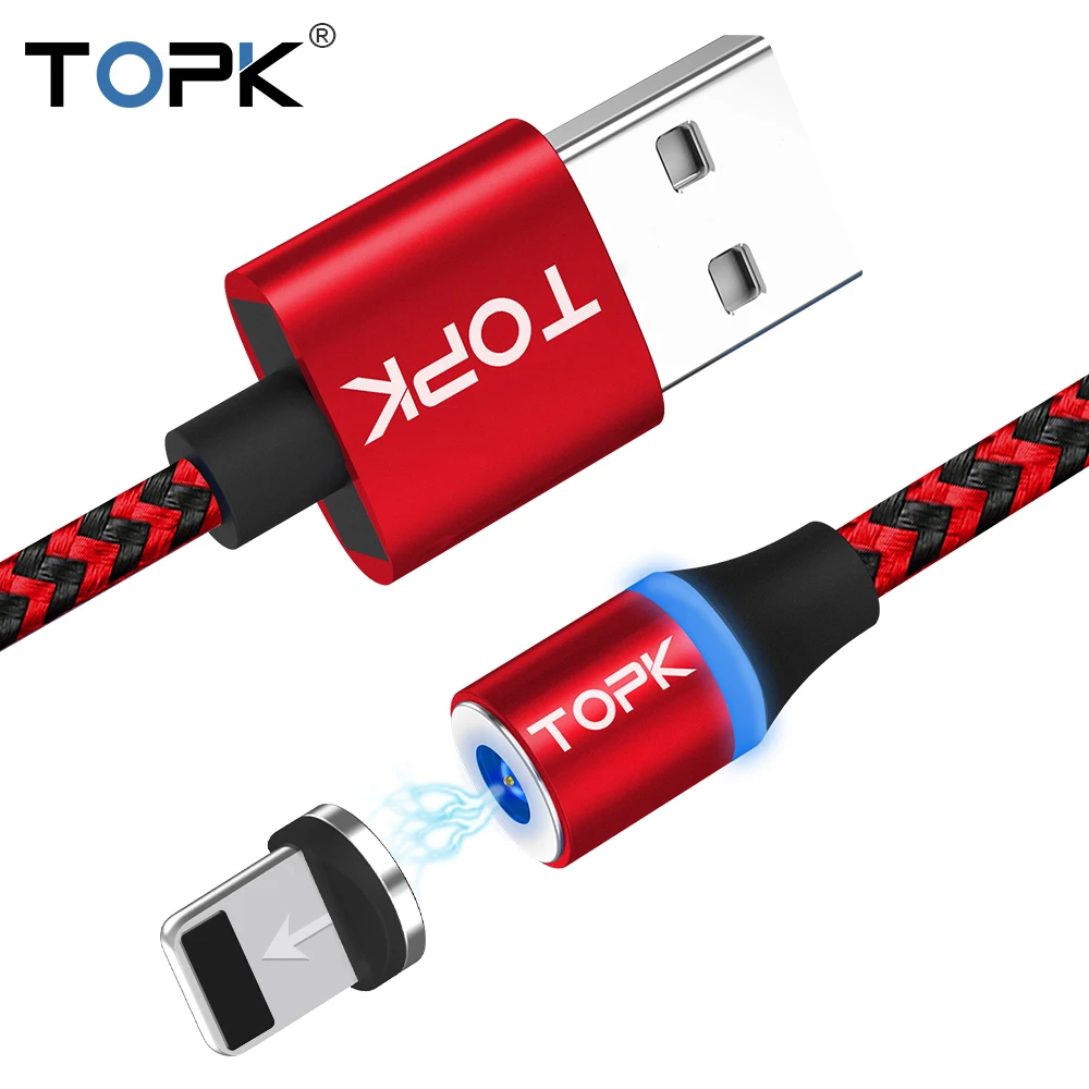 TOPK R-Line3 1m&amp2m 8-Pin Cable Magnetic USB Nylon Braided LED Indicator Magnet For iphone X Xs Max 8 Plus 7 6s | Мобильные
