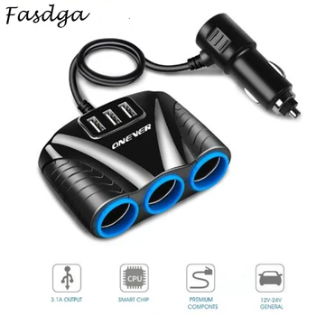 

3 Port USB 3 Way 3.1A Blue Led Cigarette Lighter Socket Splitter Hub Power Adapter 12V-24V For iPad Smartphone Black