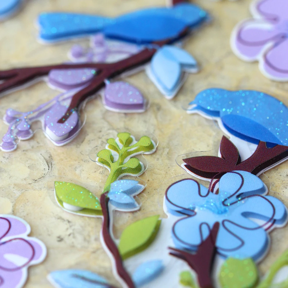

High Quality Special Kawaii Emoji Reward Kids Children Toys Woods Trees Animals Birds Scrapbooking Shiny Sparkle PVC 3D Stickers