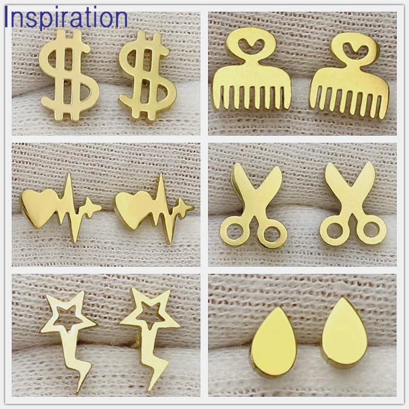 

Mix Gold Color Stainless Steel Cute Stud Earrings for Women Girls USA Dollar Sign Scissors Comb Electrocardiogram Earrings Gifts
