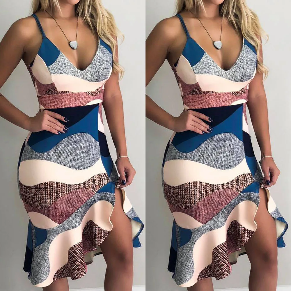 

Oufisun 2019 Summer Bag Hip Backless Dress Deep V-neck Sexy Elegant Irregular Dresses Fashion Low-Bust Bodycon Bow Women's Dress