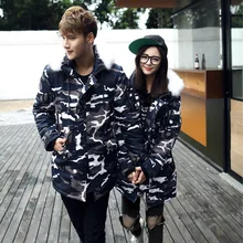 Осень-зима, новинка, для влюбленных, приталенный, для мужчин и женщин, Зеленый, камуфляжный, большой шерстяной воротник, утепленный, теплый, хлопок, Mianfu YF100