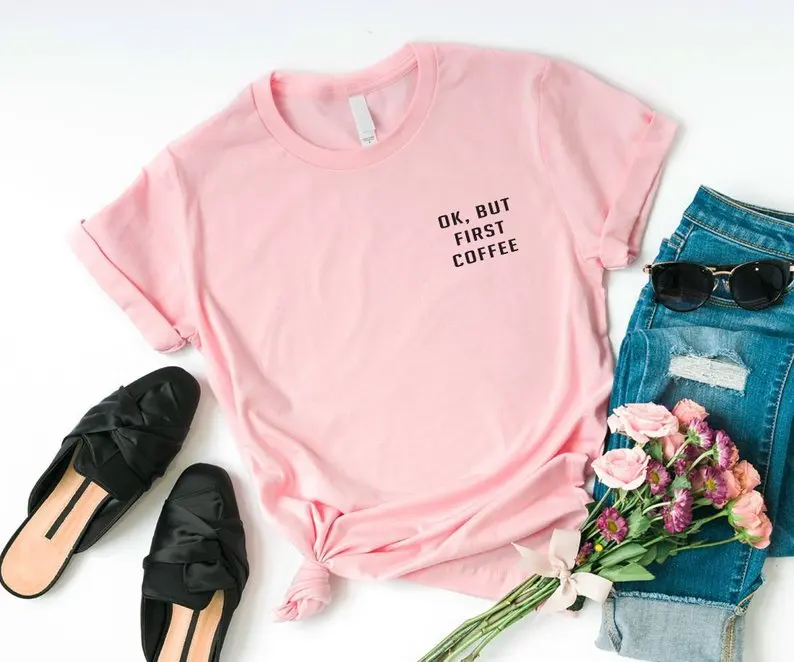 

Skuggnas OK But First Coffee lover Pocket Tee Shirt Funny T Shirts Instagram Tumblr T Shirt Womens Graphic Tees Shirts for Teens