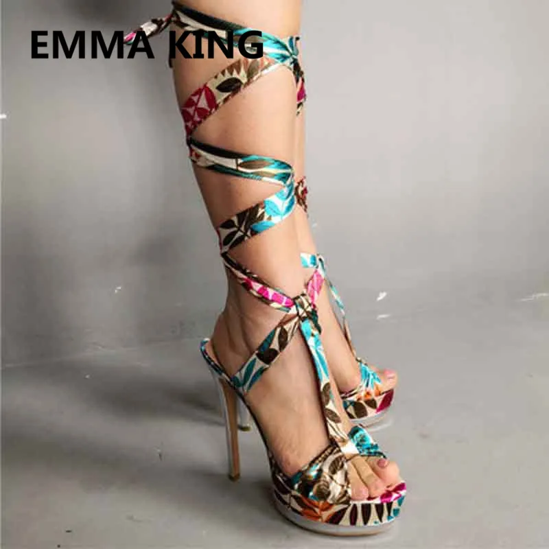 

2019 Flower Prints Platform Shoes Women Summer Knee High Gladiator Sandals Boots Open Toe Sexy High Heels Ladies Runway Sandals