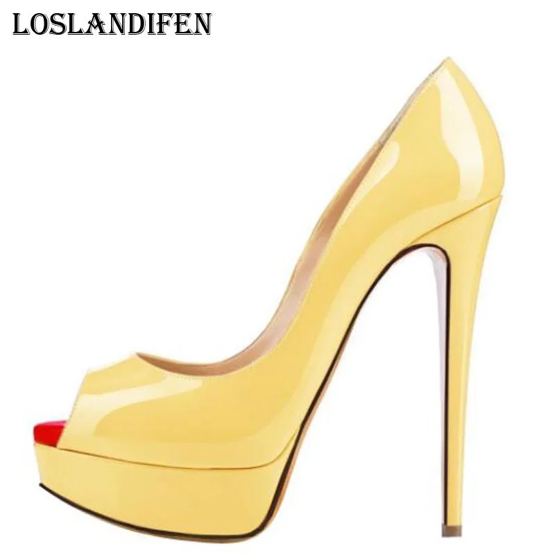 Loslandifen/женские модные пикантные весенние офисные туфли-лодочки из лакированной кожи с открытым носком; большие размеры 35-42; женские туфли-лодочки на очень высоком каблуке