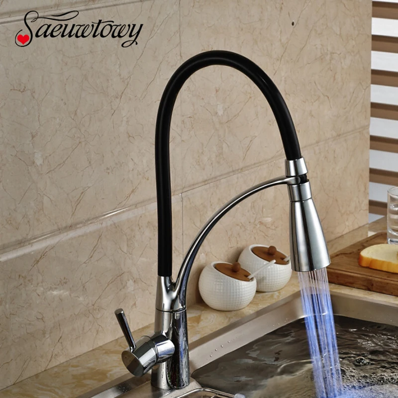 

Saeuwtowy LED Chrome Kitchen Faucet Rotatable 1 Outlet Ways Deck Mounted Ceramic Valve Hot and Cold Mixer Tap