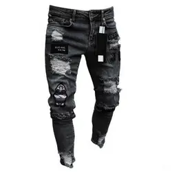 Прямая доставка новые джинсы мужские однотонные аппликации узкие брюки Slim Fit рваные мужские джинсы