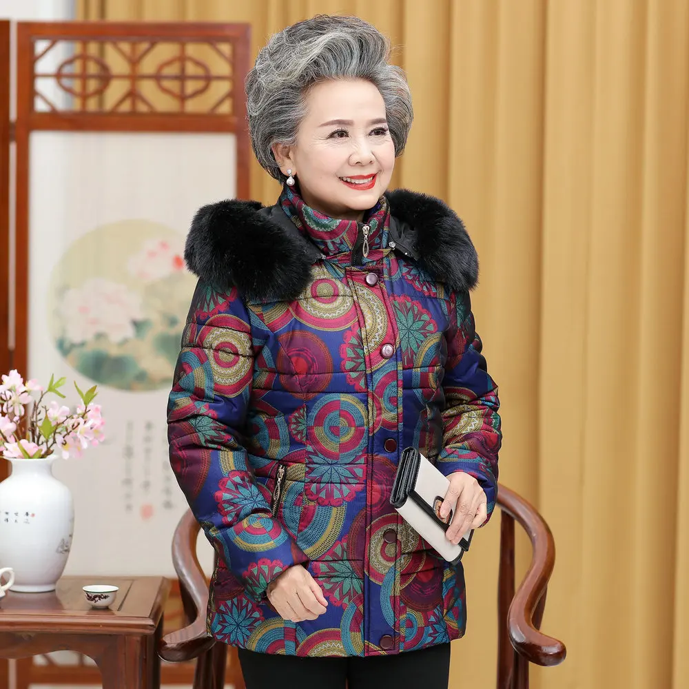 Elderly Women Puffer Jackets Withe Fur Hood Parka Grandmother Winter Warm Quilted Basic Coats Floral Printing Quilted Puff Coat