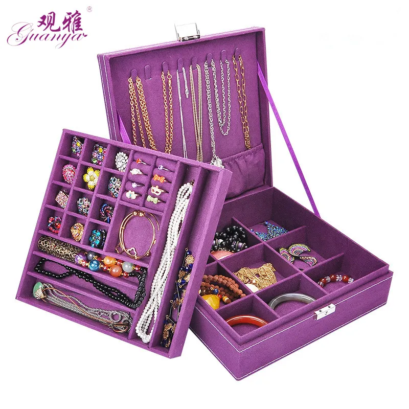 Ceny Duża najlepiej sprzedająca się moda flanelowe kwadratowe pudełko z biżuterią prosty układ 2 warstwy organizator na przybory do makijażu choker pierścień pudełko do przechowywania naszyjnika