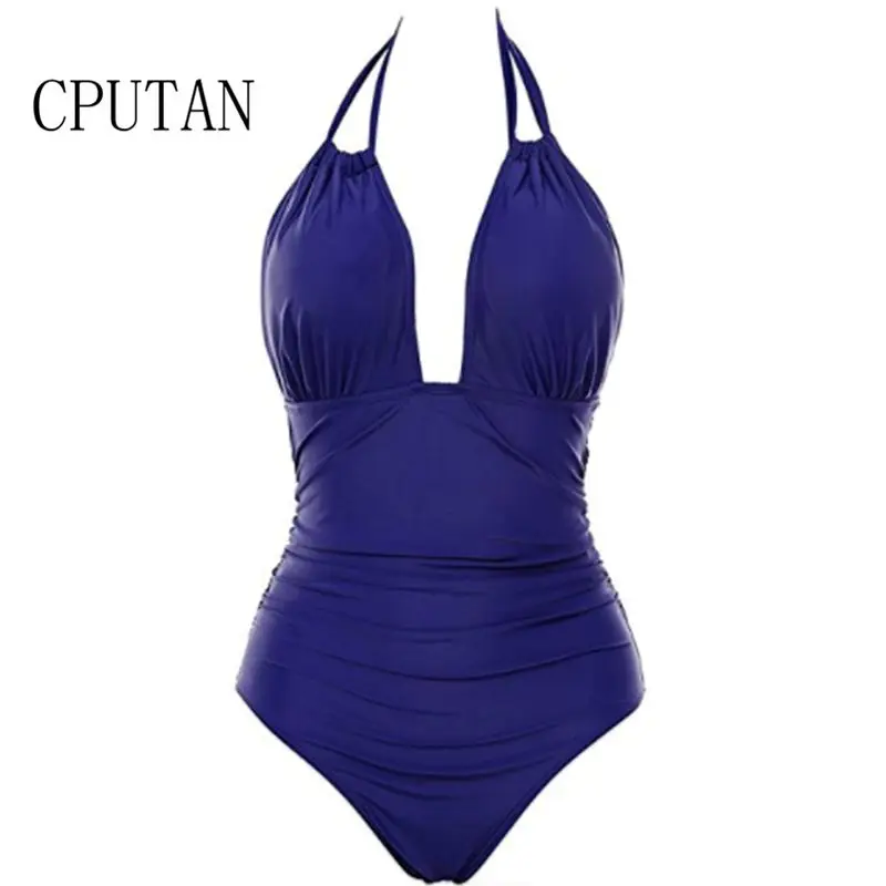 CPUTAN 2020 Women Vintage Dots One Piece Swimwear Backless Tummy Control Monokini Swimsuit Halter Push up Bathing Plus Size 4XL