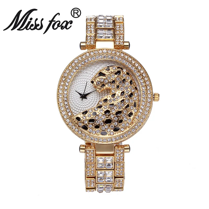 

Miss Fox Brand luxury Leopard Watch Fashion Women Golden Clock Charms Full Diamond Gold Quartz Wrist Watches bs