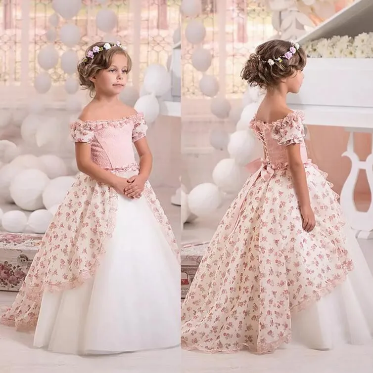 

New Off the Shoulder Flower Girls Dresses for Wedding Lace Print Ball Gown Little Girls Kids Formal Wear Birthday Christmas Gown