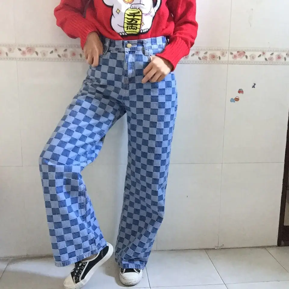 

Plus Size Korean Streetwear Vintage Plaid Denim Straight Pant Fashion Full Long Trouser Jean High Waist Loose Slim Women Sexy