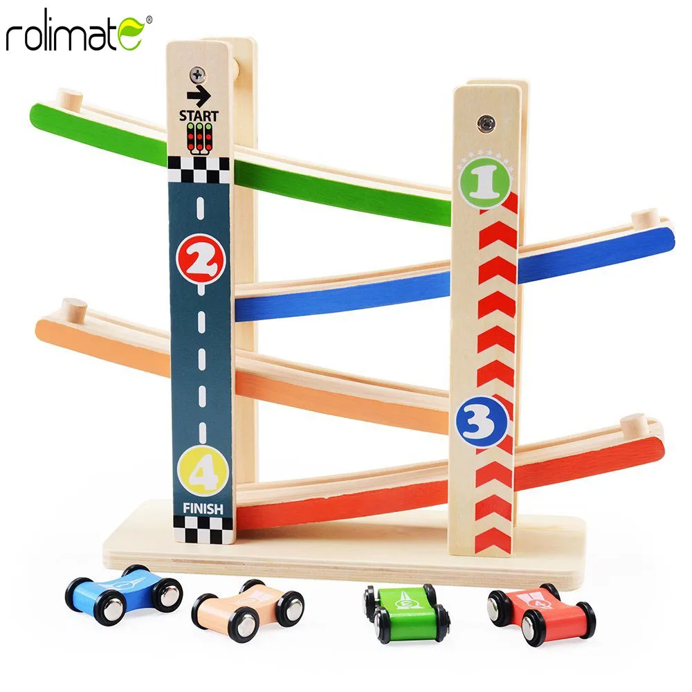 rolimate Wooden Ramp Racer Swtichback RaceTrack with 4 Speed Cars