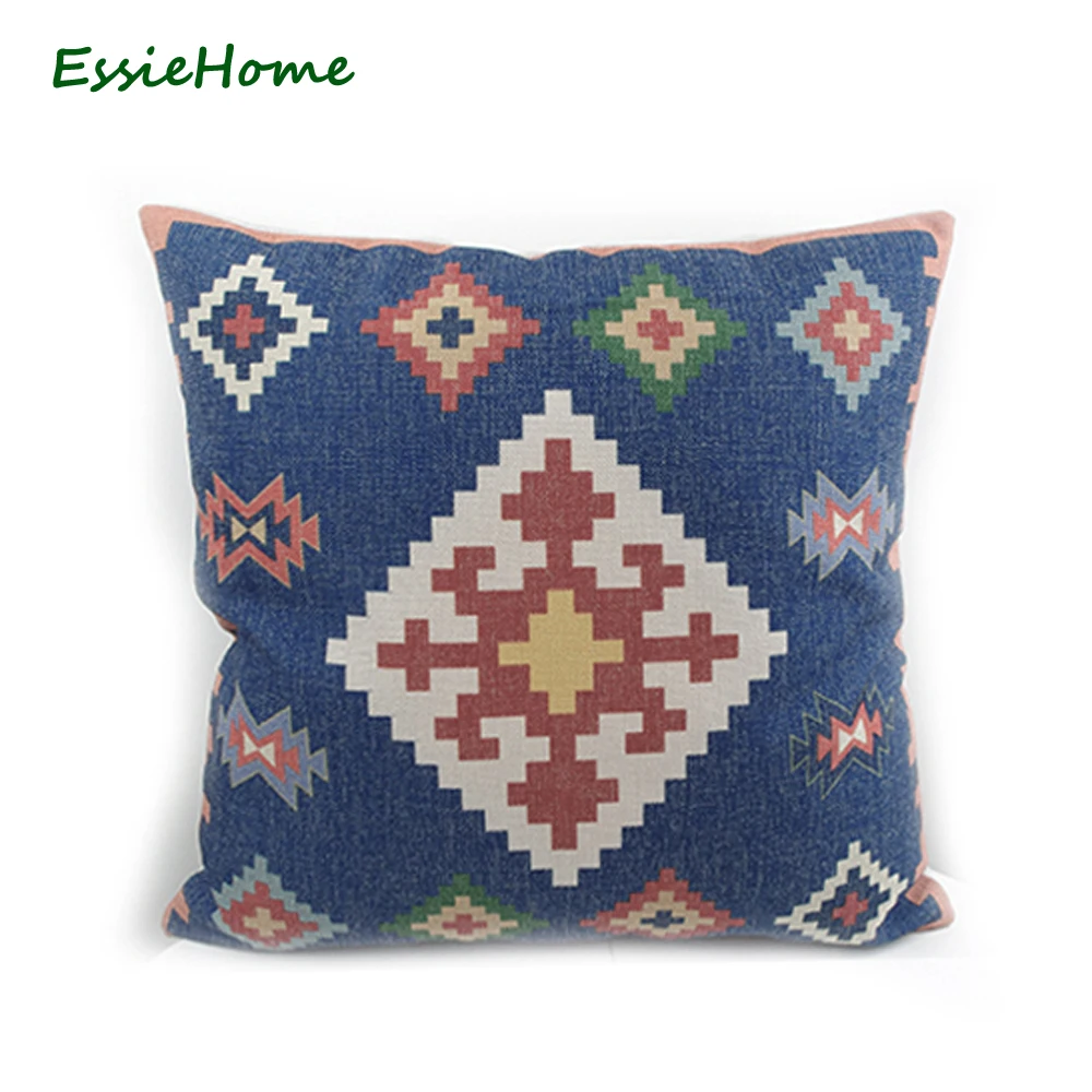 ESSIE HOME Blue Digital Print Antique Cotton Linen Kilim Diamond Pattern Pattern Modern Decor Pillow Case Cushion Cover Factory ESSIE HOME Blue Digital Print Antique Cotton Linen Kilim Diamond Pattern Pattern Modern Decor Pillow Case Cushion Cover Factory