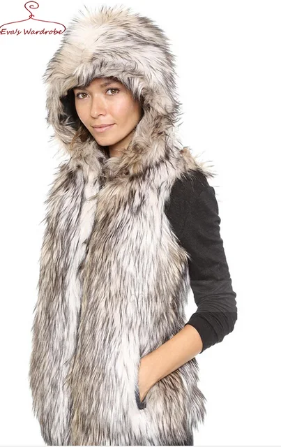 womens faux fur hooded gilet