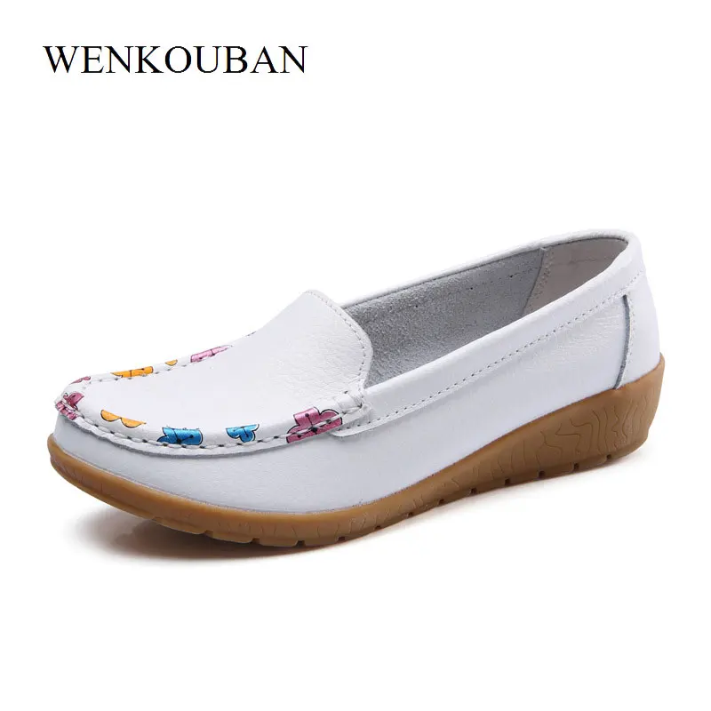 

2018 Loafers Women Genuine Leather Shoes Wedges Women Flats Platform Shoes Slip On Moccasins Flower Ballet Flats Chaussure Femme