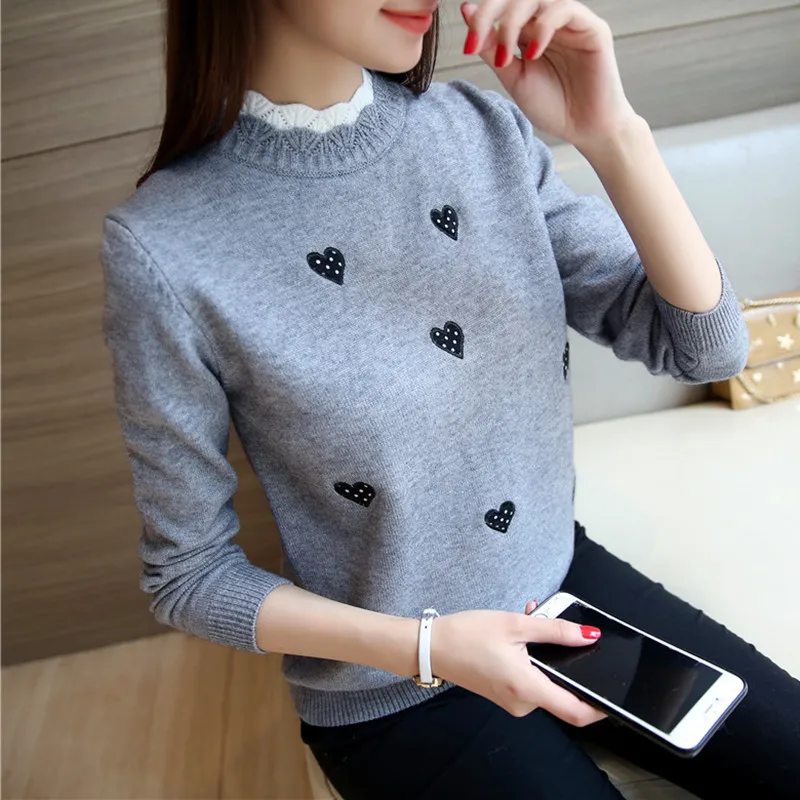 Autumn Women Sweaters Korean Wave O-neck Long Sleeve Pullovers Heart-shaped Embroidery Jumpers Sweet Girls Slim Knitted Clothing | Женская