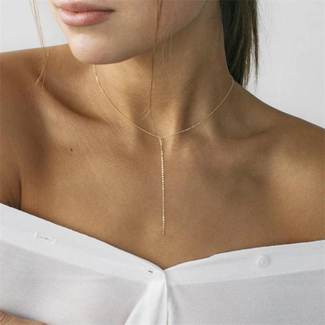 Lariat Necklace Long Thin Chain Simple Delicate Dainty Circle Y Drop Silver  Gold