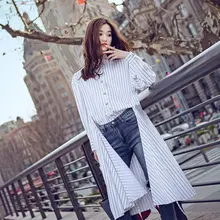 New Women's Shirt Dress Spring 2019 Fashion Streetwear Style Full-Sleeve Irregular Hem design Drawstring Stripe shirt Tops white stripe shirt with irregular hem