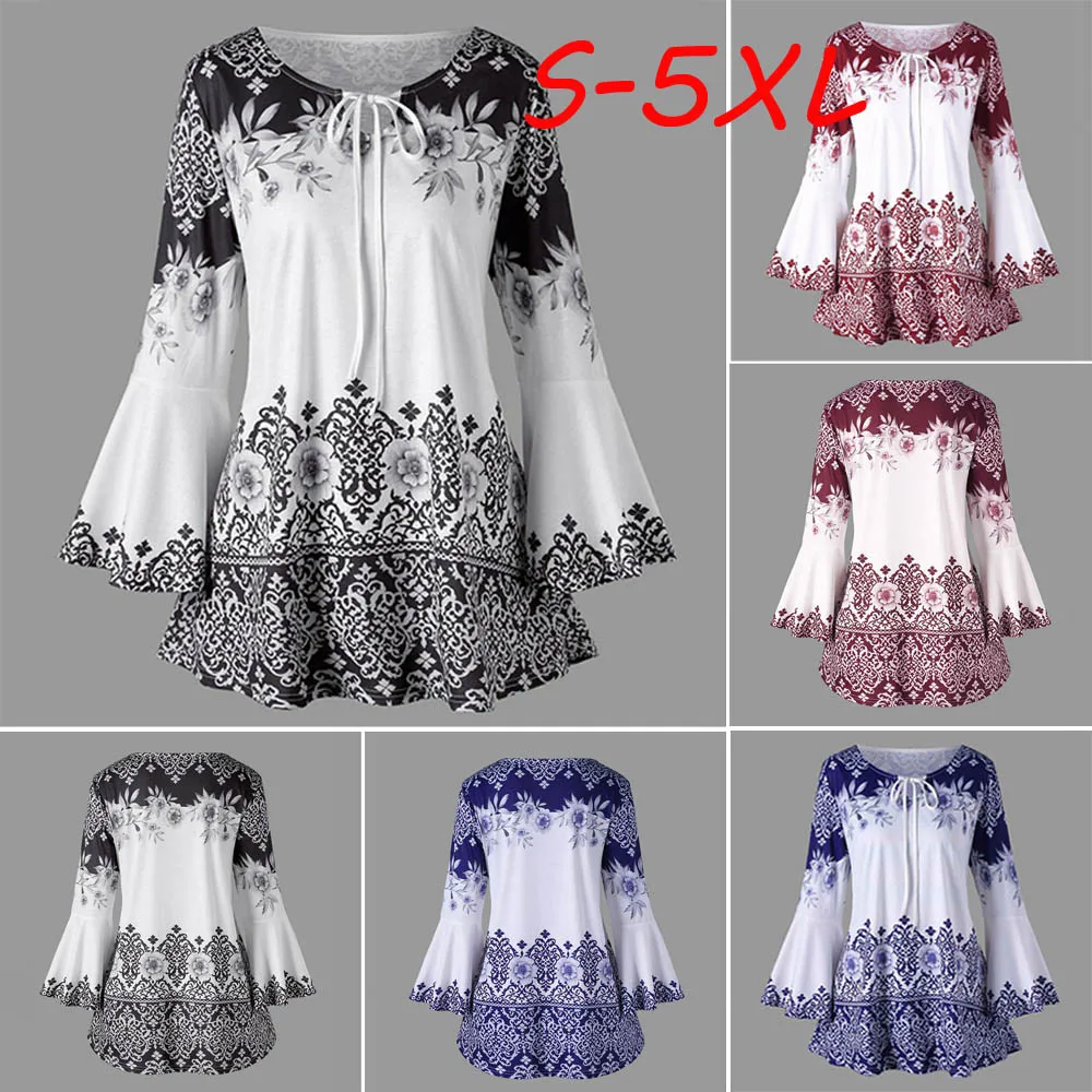 

Fashion Casual Daily Women Plus Size Polyester Printed Flare Sleeve Tops Keyhole T-Shirts Summer korean gift Drop Shipping 2018