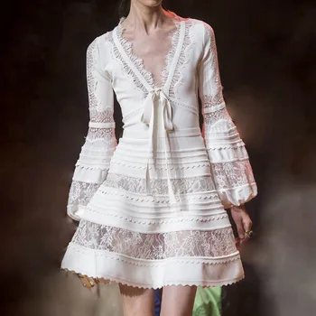 

High Quality Women's 2019 New V-neck Perspective Heavy Work Lace Stitching Temperament Long-sleeved White Sexy Women Dress