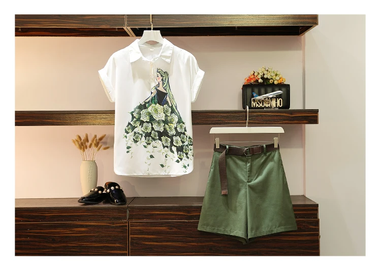 Trytree/летний женский костюм из двух предметов, Повседневная модная блузка с принтом + шорты, поясная сумка, костюм с эластичной резинкой на
