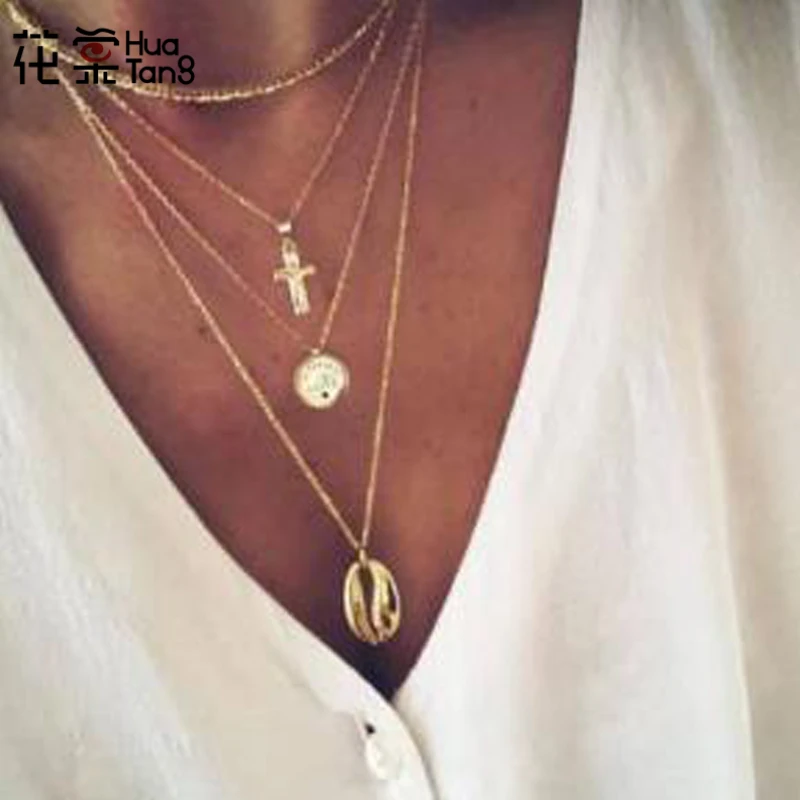 

HuaTang Fashion Gold Cross Shell Letter Pendant Necklaces for Women Multi Layer Alloy Chain Charm Necklace Jewelry Collar C12209