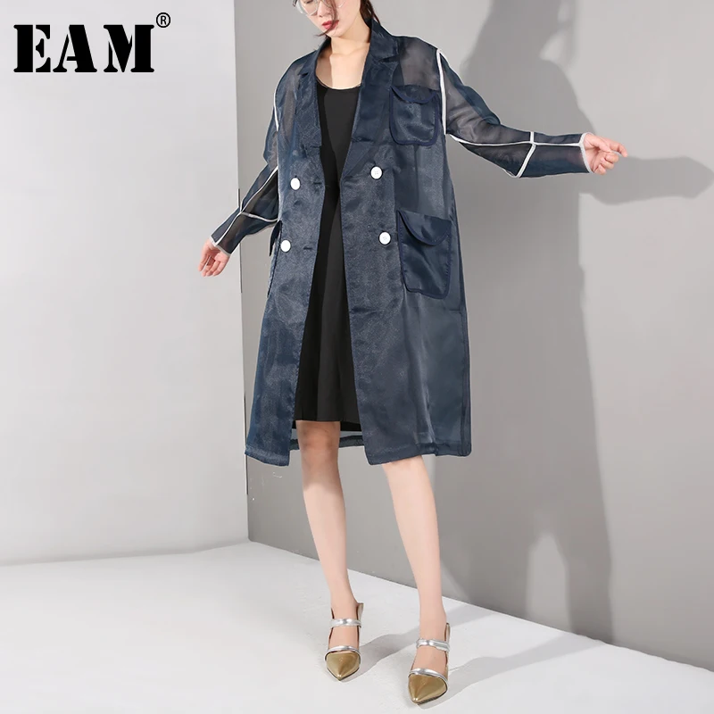

[EAM] 2019 New Autumn Winter Lapel Long Sleeve Organza Split Joint Three-dimensional Windbreaker Women Trench Fashion JR4481