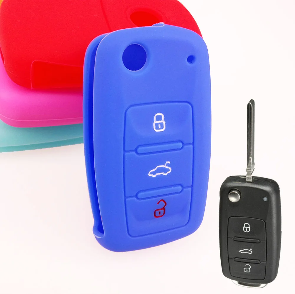 Силиконовые флип ключ подходит для VW Golf Polo Passat Skoda Octavia Seat Ibiza Altea Толедо Leon Cupra 3 кнопки дистанционного управления протектор - Название цвета: Dark Blue