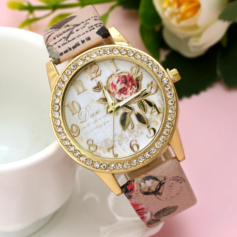 Новинка, модные часы в китайском стиле с рисунком пиона, позолоченные Цифровые кварцевые повседневные часы с кожаным ремешком, женские наручные часы с мультяшным рисунком
