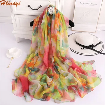 

Hlinayi New Colorful Graffiti Scarf Female Colorful Summer Sunscreen Shawl Travel Photo Silk Scarf Seaside Beach Scarf Simulate