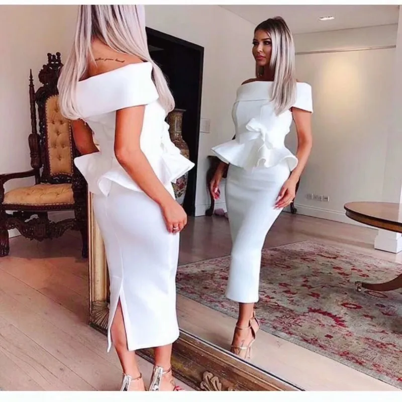 

White Evening Gowns Arabic Women Wear Gown robe de soiree longue Puplum Evening Dresses Boat Neckline Ankle Length abendkleider