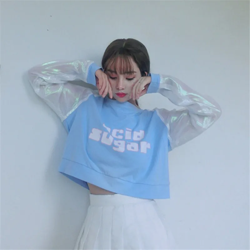 

Japanese Autumn New Fashion Letter Printed Women T shirt Patchwork Sweet Crop Top Female Long Sleeve O-neck T-shirt 40894