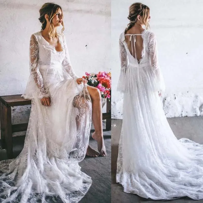 

2019 Newest Boho Beach Wedding Dress Lace Flare Sleeve Bridal Gowns Sexy V Neck Backless High Quality Vestido De Noiva