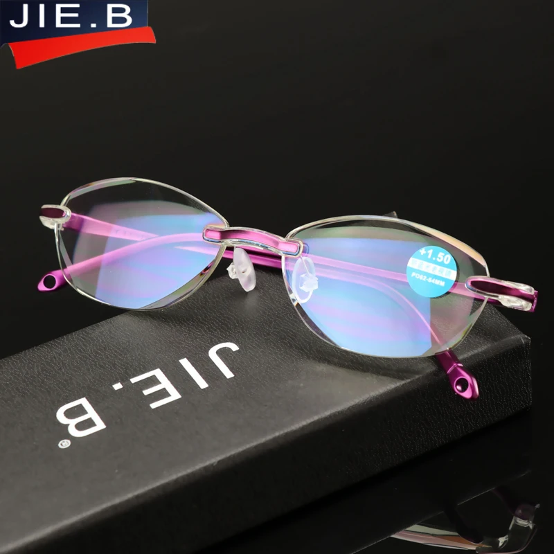

Anti Blue Rays Rhinestone Rimless Reading Glasses Women Diamond Cutting Rimless Reader glasses Readers Presbyopic Eye Glasses