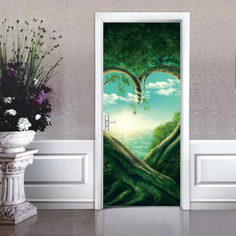 Сердце зеленый деревья завод 3D двери Стикеры DIY Фреска имитация Водонепроницаемый ПВХ обои Стикеры s Спальня Home Decor