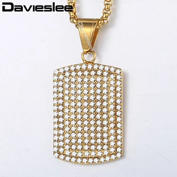 

Davieslee Dog Tag Mens Pendant Necklace Gold Tone Full Iced Out CZ Stainless Steel Pendant Necklaces For Men 2018 3mm LKN587
